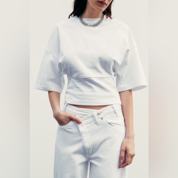 New With Tags ZARA Women’s Fitted Waist White T-Shirt Kimono Wide Short Sleeve M - Picture 2 of 11